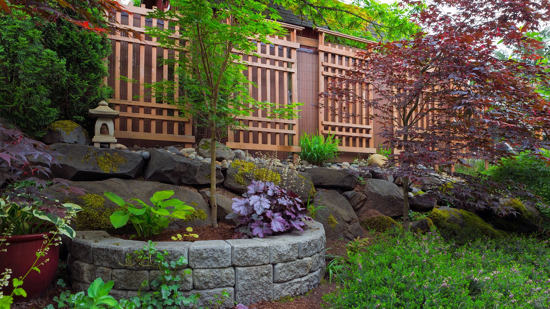 Photo of garden with hardscaping.