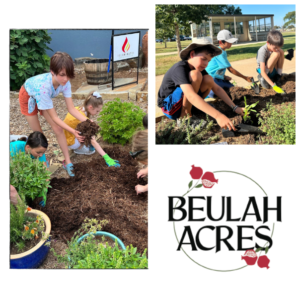 Photo collage of children gardening and the Beulah Acres logo.