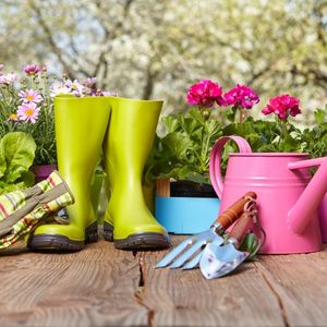 Photo of gardening gloves, boots, tools, and watering can.
